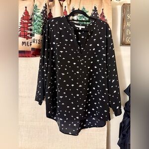 Daniel Rainn Black & White Patterned Silky Blouse Top, Adjustable Sleeves, XXL